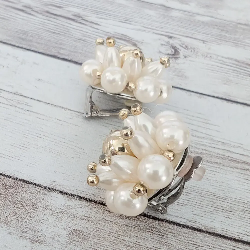 Vintage Clip On Earrings Large 3D Cream & Gold Tone